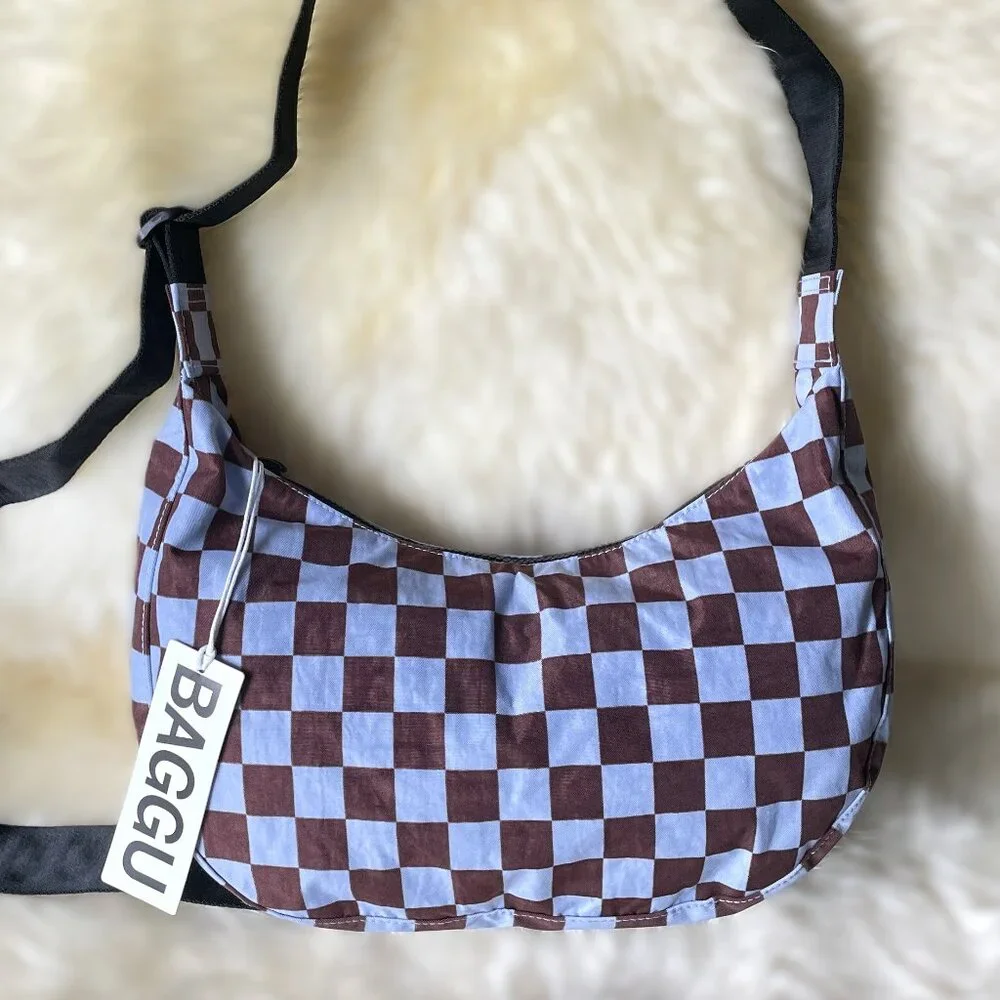 NWT Baggu Medium Crescent Bag - Brown Blue Check - Picture 1 of 8